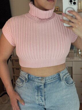 Naked Wardrobe Cropped Turtleneck Sweater Vest Pink Size L